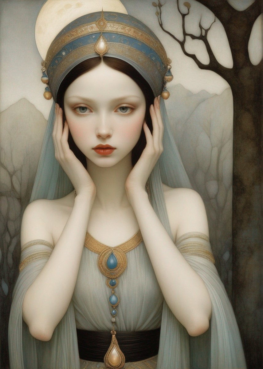 Pale woman with dark hair in jeweled headpiece, touching cheeks in dreamy expression against muted background