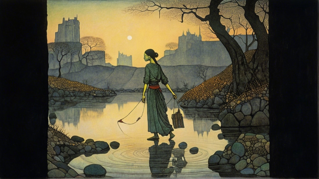 Serene Dusk Landscape with Figure in Green Garb