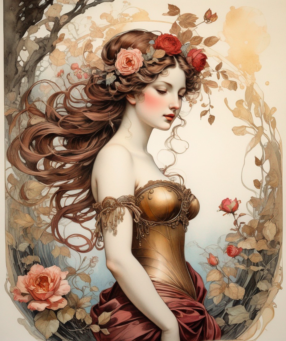 Woman with roses in flowing hair in corseted gown among branches.