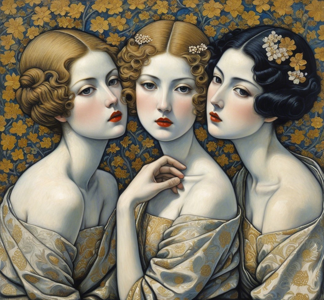 Elegant Women with Distinct Hairstyles and Red Lips