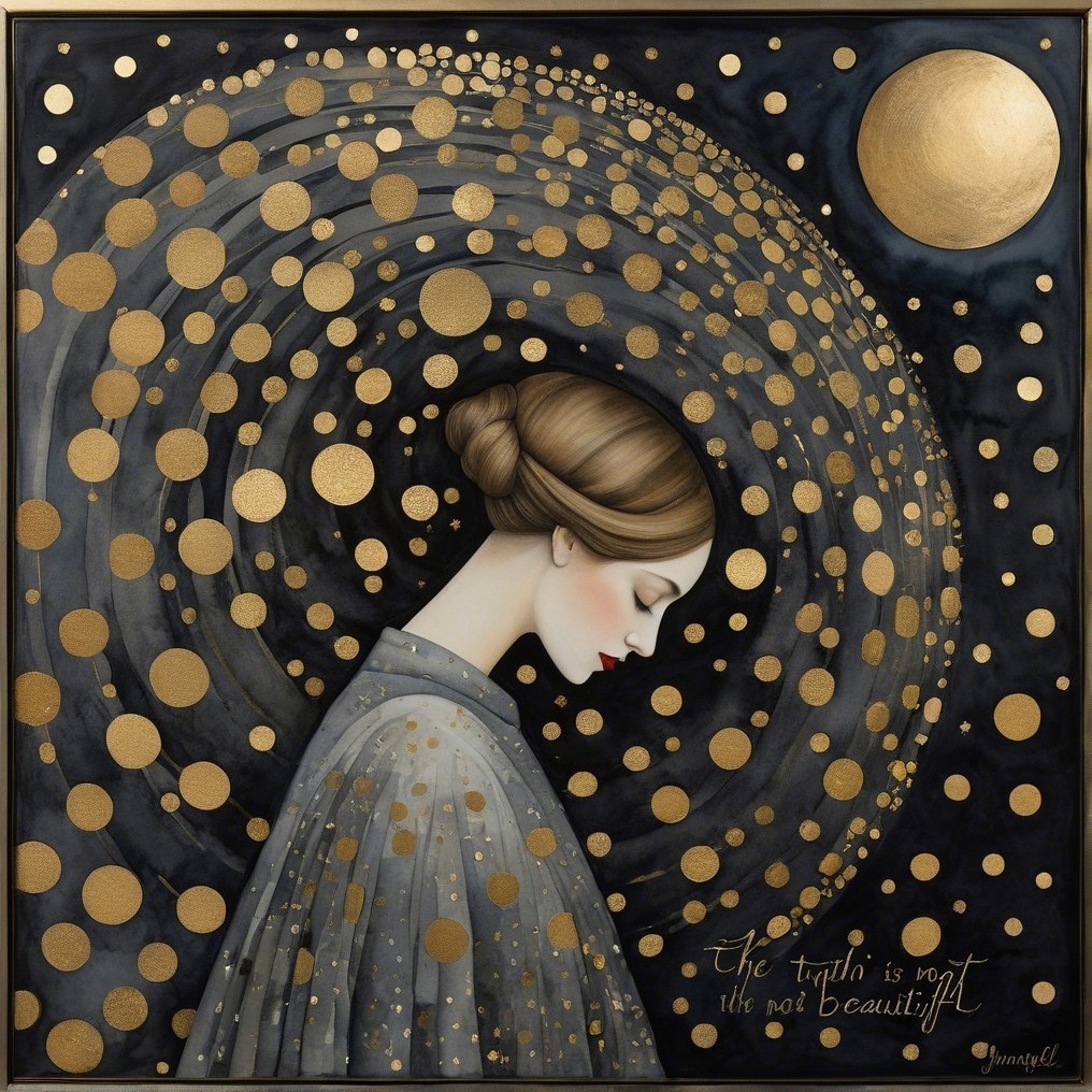 Serene Woman in Gray Garment with Golden Moon Background