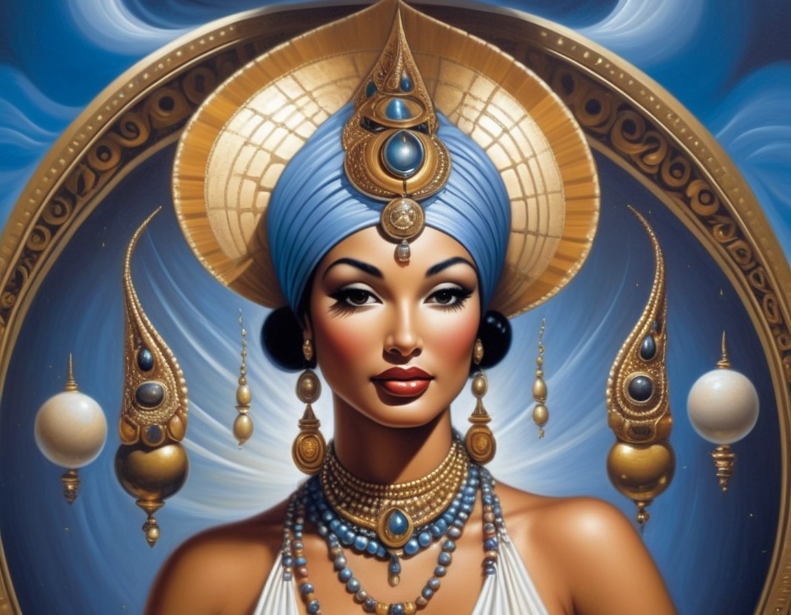 Regal figure in blue headdress with ornate jewelry