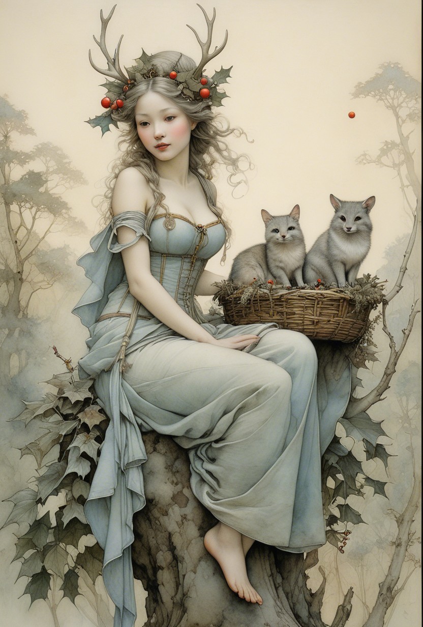 Ethereal Woman with Antlers and Fox Cubs in Nature