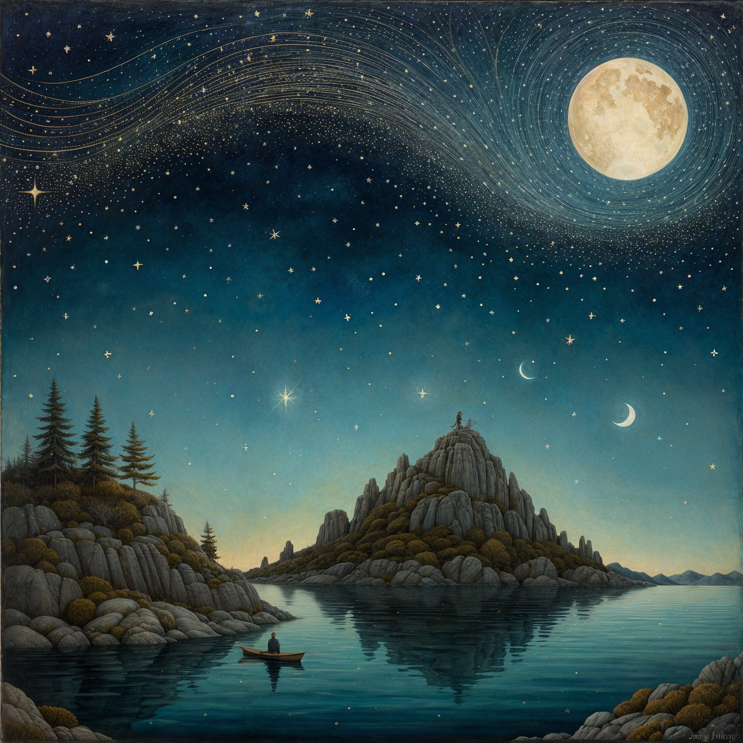Tranquil Night Scene with Water, Moon, and Stars