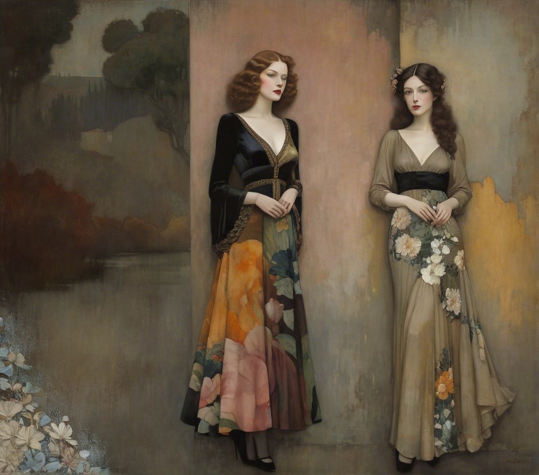 Elegantly Dressed Women Against Soft Painted Backdrop
