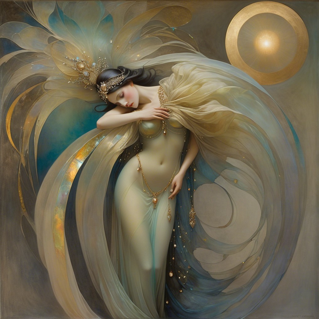 Mystical figure in translucent fabrics with moonlit glow