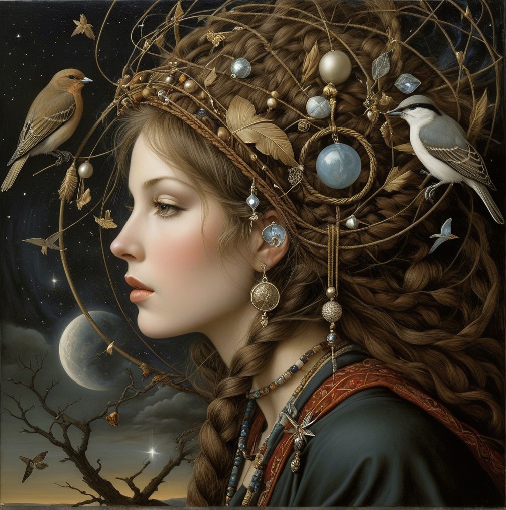 Serene Woman with Braided Hair Under Starry Night