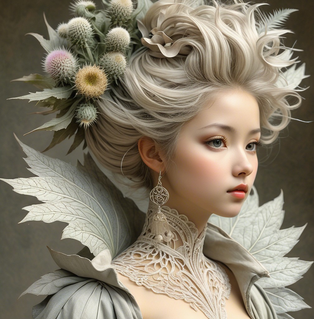 Young woman with voluminous hair and thistle plants