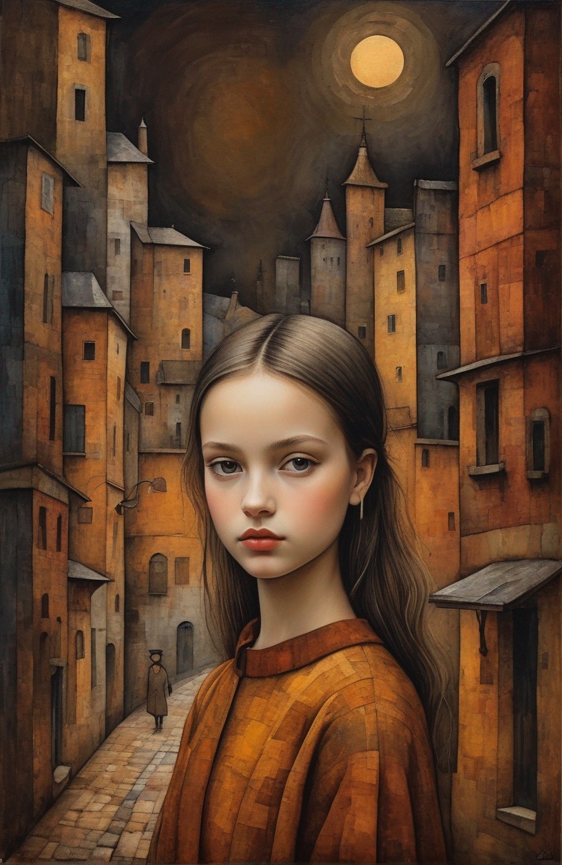 Girl with solemn expression in front of old cityscape under moon