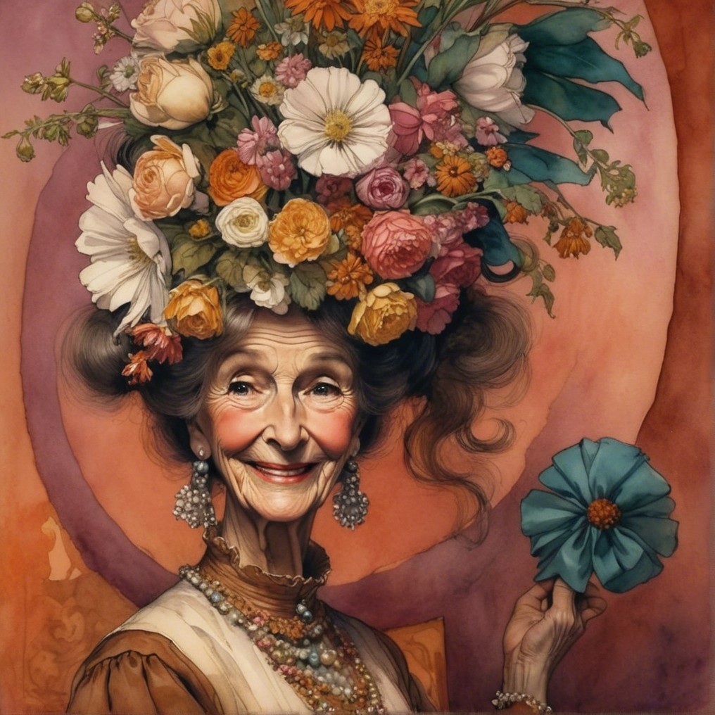 Elderly woman in floral headdress with warm smile