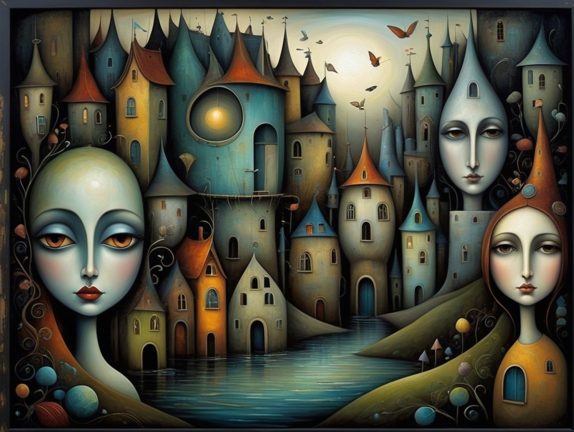 Whimsical Landscape with Surreal Figures and Village