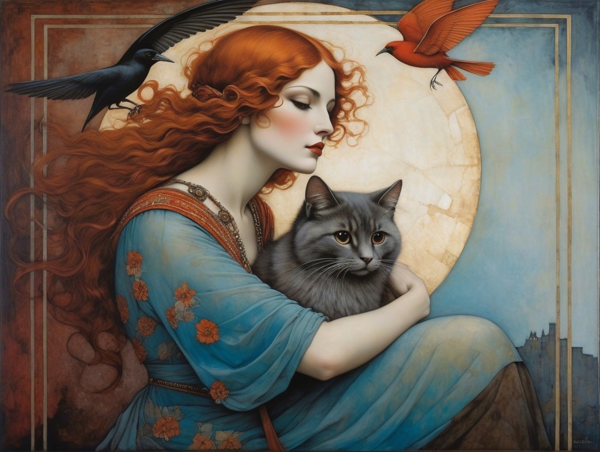 Serene Woman with Red Hair and Gray Cat in Nature