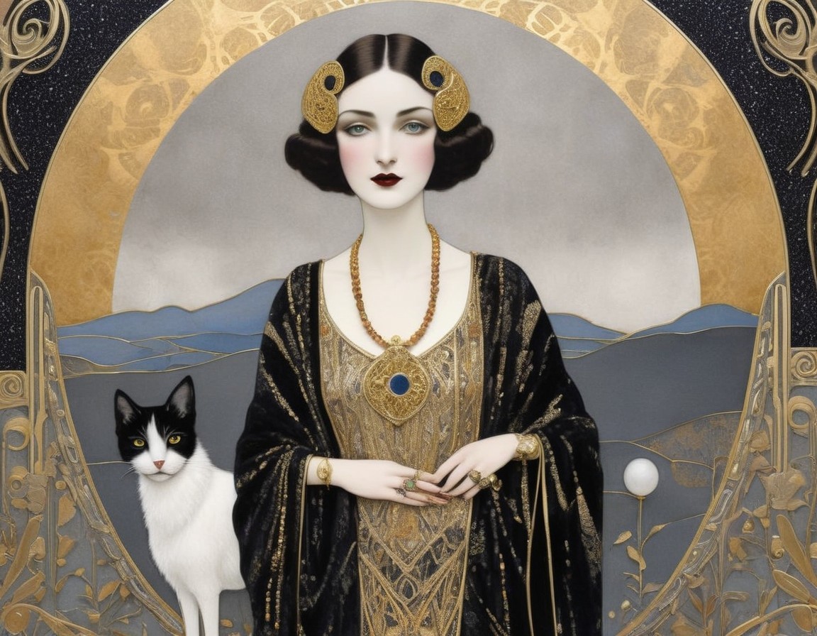 Stylized Portrait of Woman with Cat and Art Nouveau Background