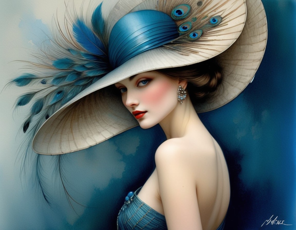 Elegant Woman in Large-Brimmed Hat with Feathers
