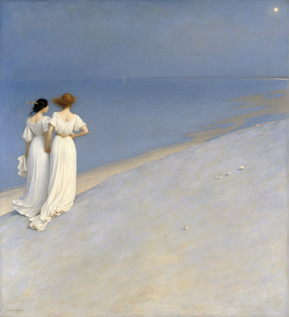 Two Women in White Dresses on a Twilight Beach