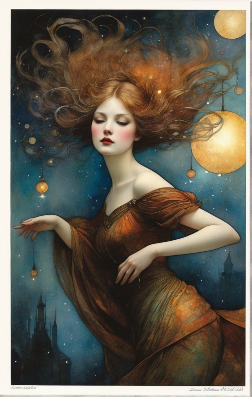 Surreal artwork: Woman with auburn hair, orbs, and dark silhouettes.