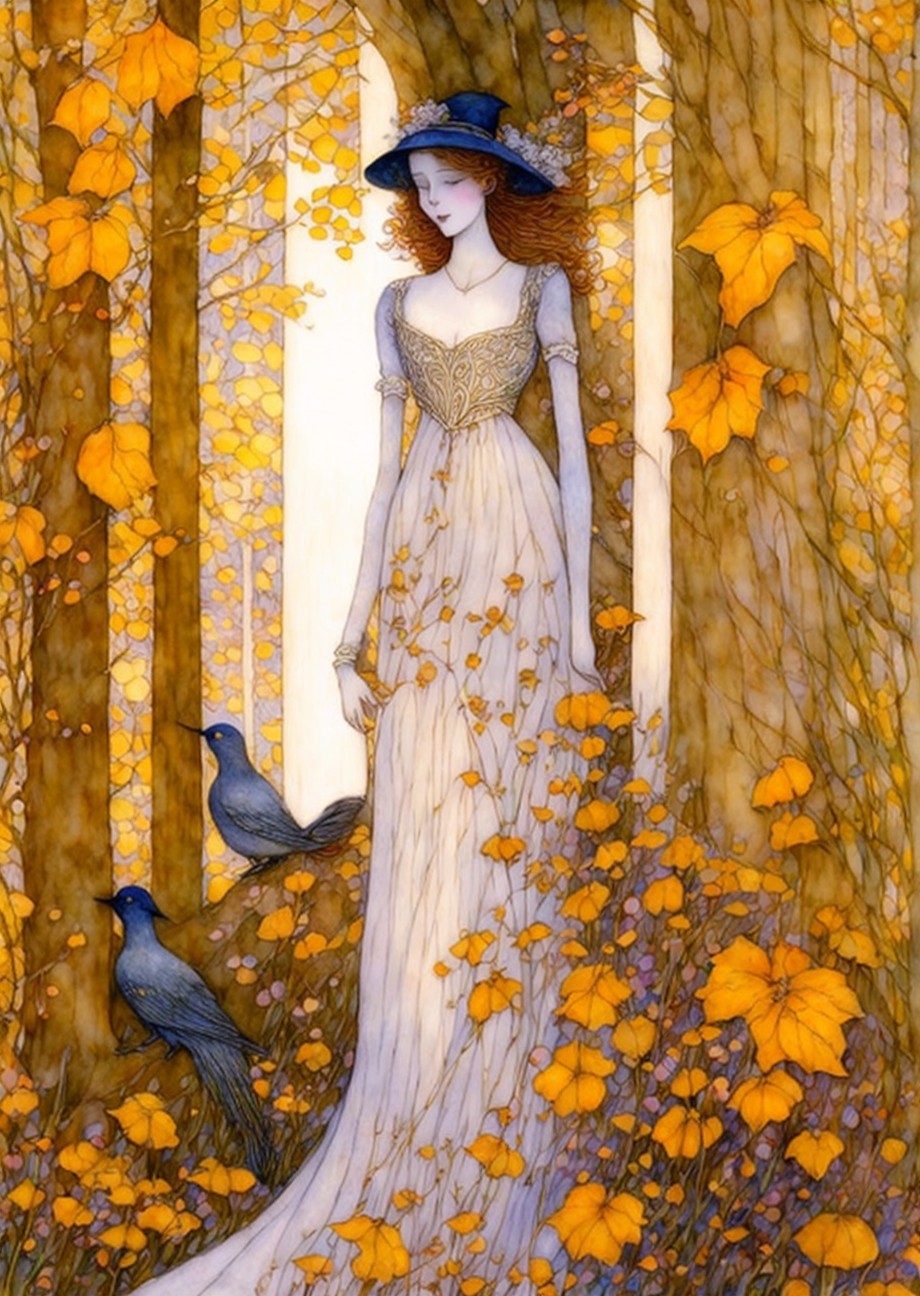 Woman in white gown with golden leaves in autumn forest with blackbirds