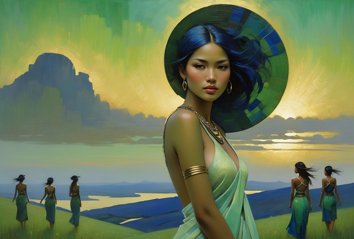 Asian Woman with Blue Hair in Green Dress Landscape