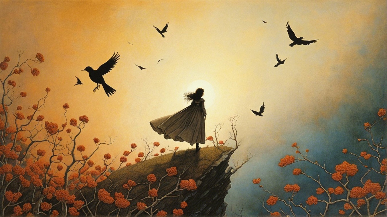 Solitary Figure in Cloak Against Vibrant Sky