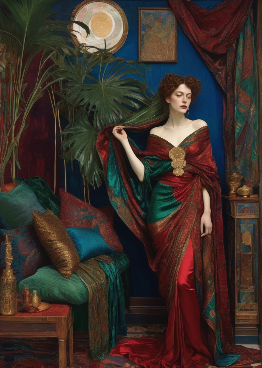 Elegant Woman in Red Gown Among Luxurious Decor