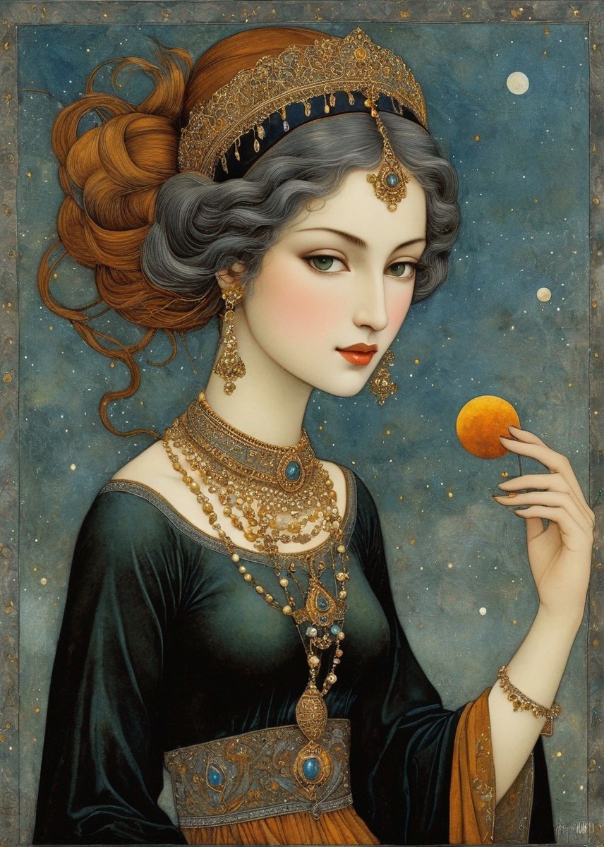 Regal Woman with Crescent Moon and Celestial Background