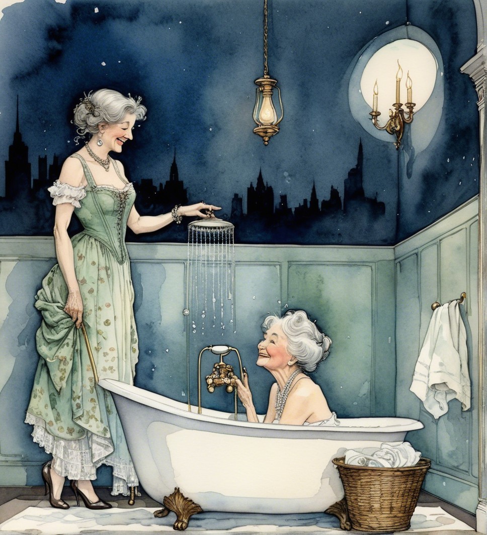 Whimsical Moonlit Bathroom with Elegant Decor and Gown