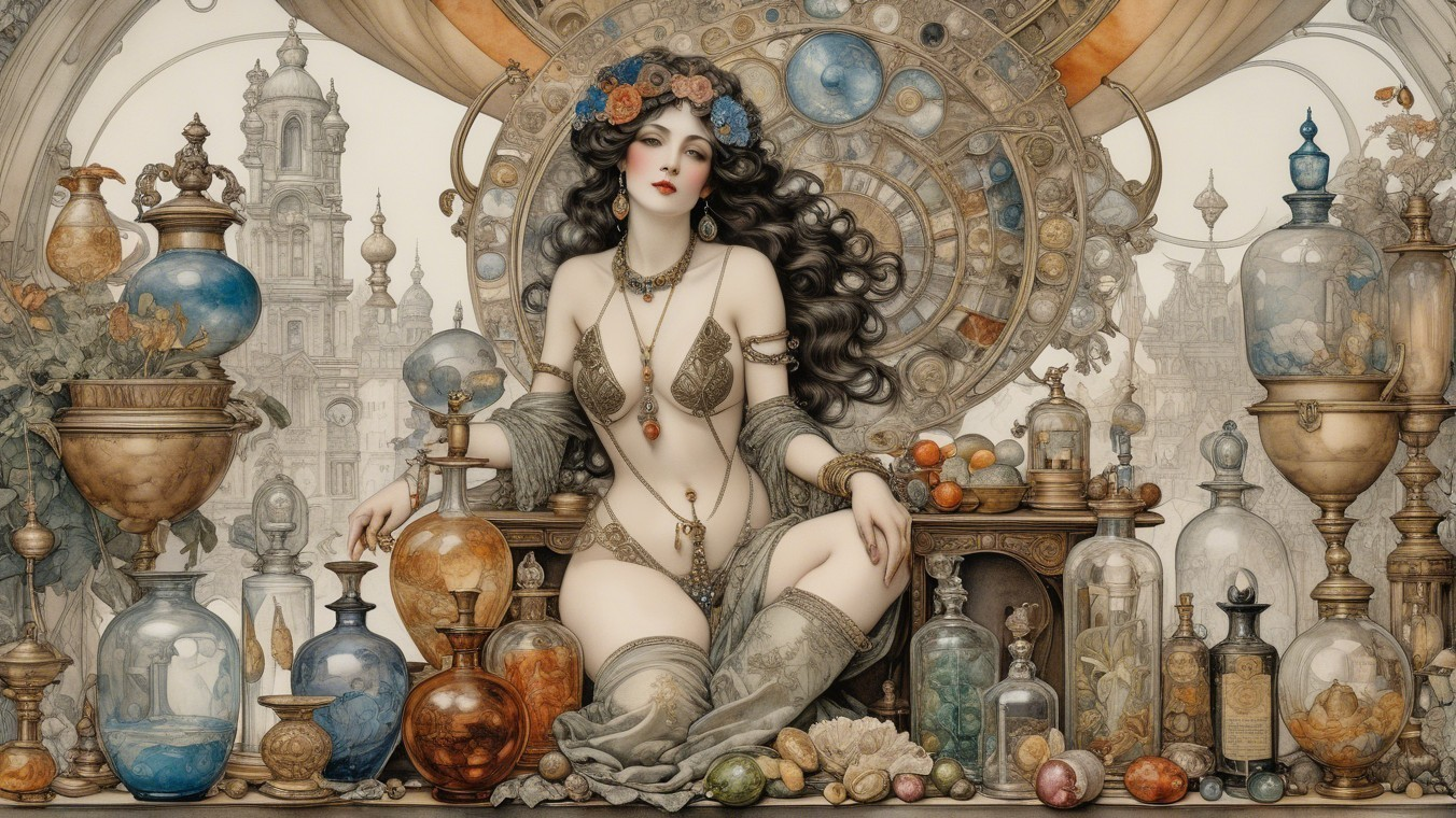 Woman with Floral Accents Surrounded by Glass Artifacts