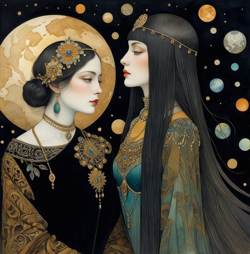Elegant Women Against Celestial Backdrop with Planets