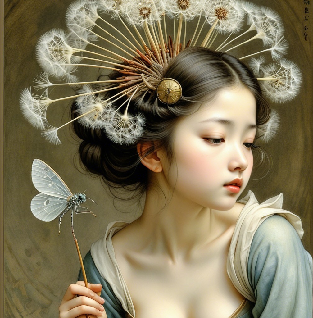 Serene Young Woman with Dandelion Flora and Butterfly