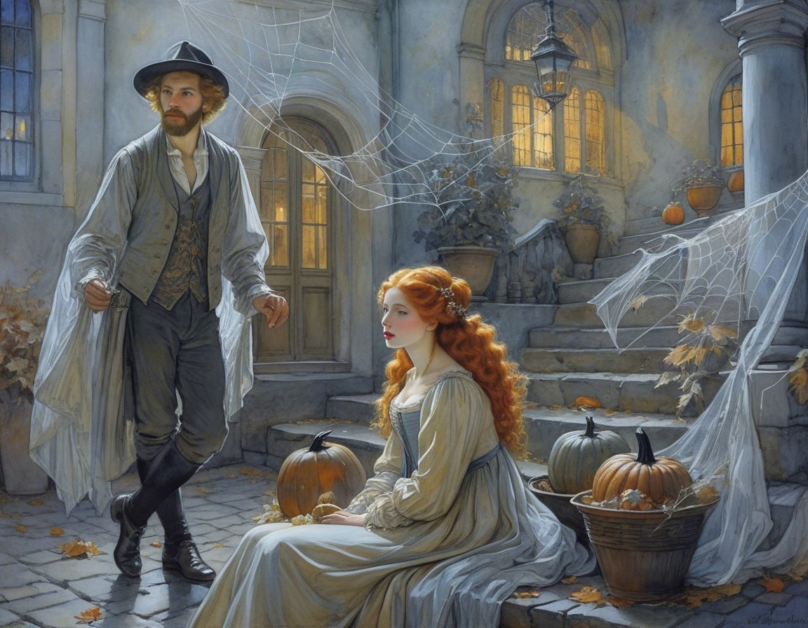 Moonlit Courtyard with Period Attire and Pumpkins