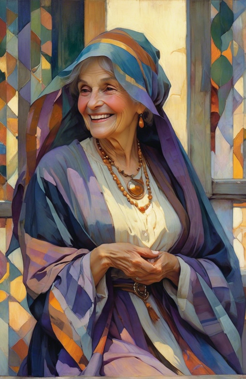 Elderly Woman in Colorful Stained-Glass Setting