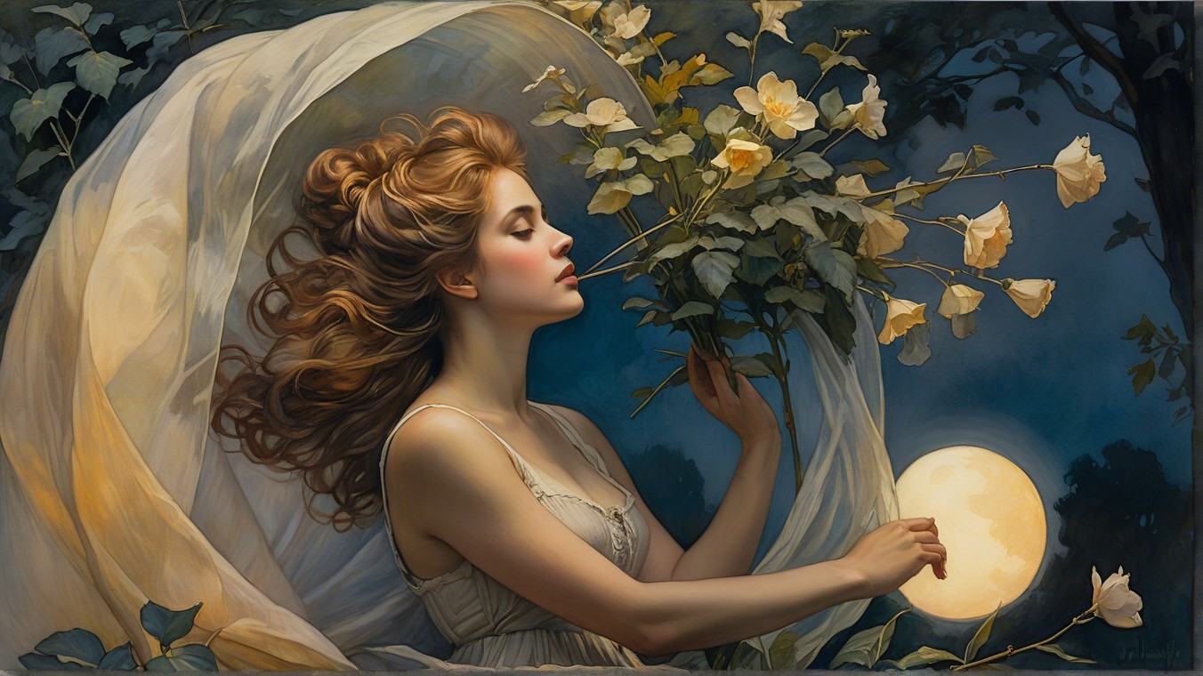 Serene Woman with White Roses in Twilight Landscape