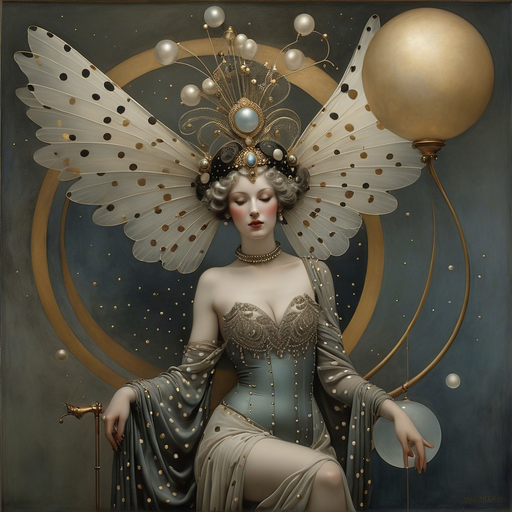 Elegant figure in gown with moth-like wings and pearls