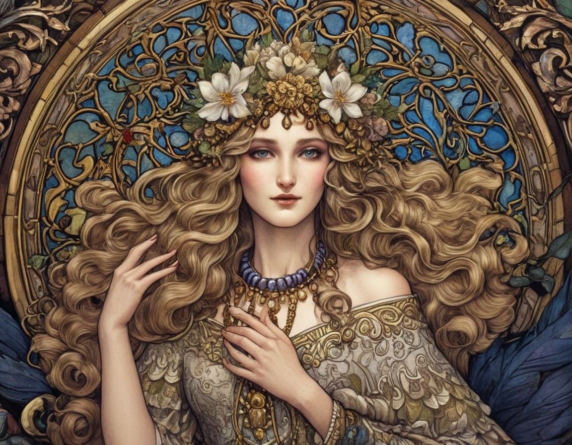 Stylized Portrait of a Maiden with Floral Crown