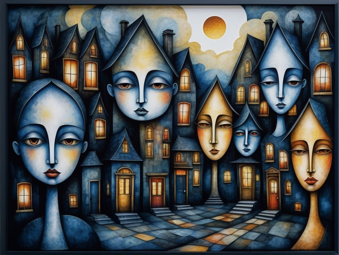 Abstract Faces in Whimsical Urban Landscape Artwork