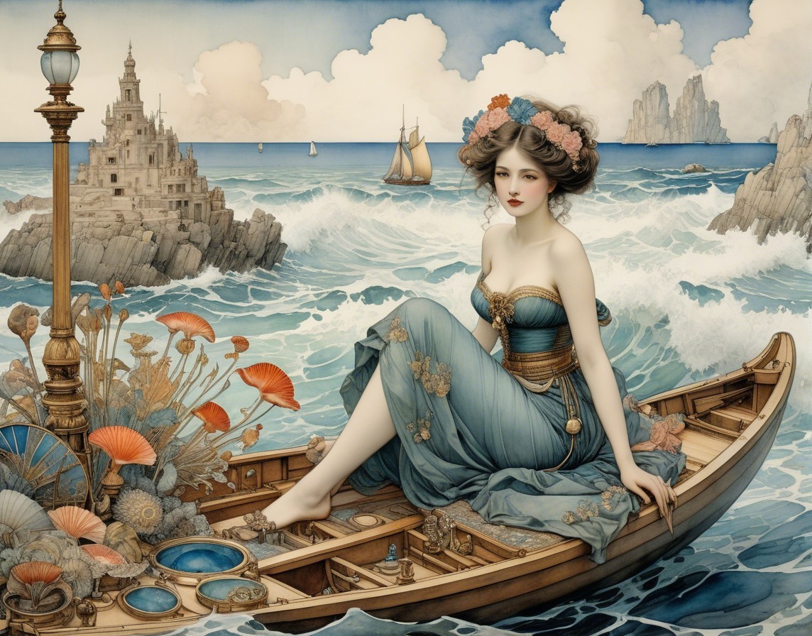 Woman in Blue Gown in Boat by Ocean and Castle