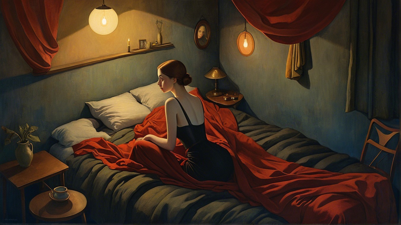 Woman in Dark Dress in Cozy Bedroom Setting