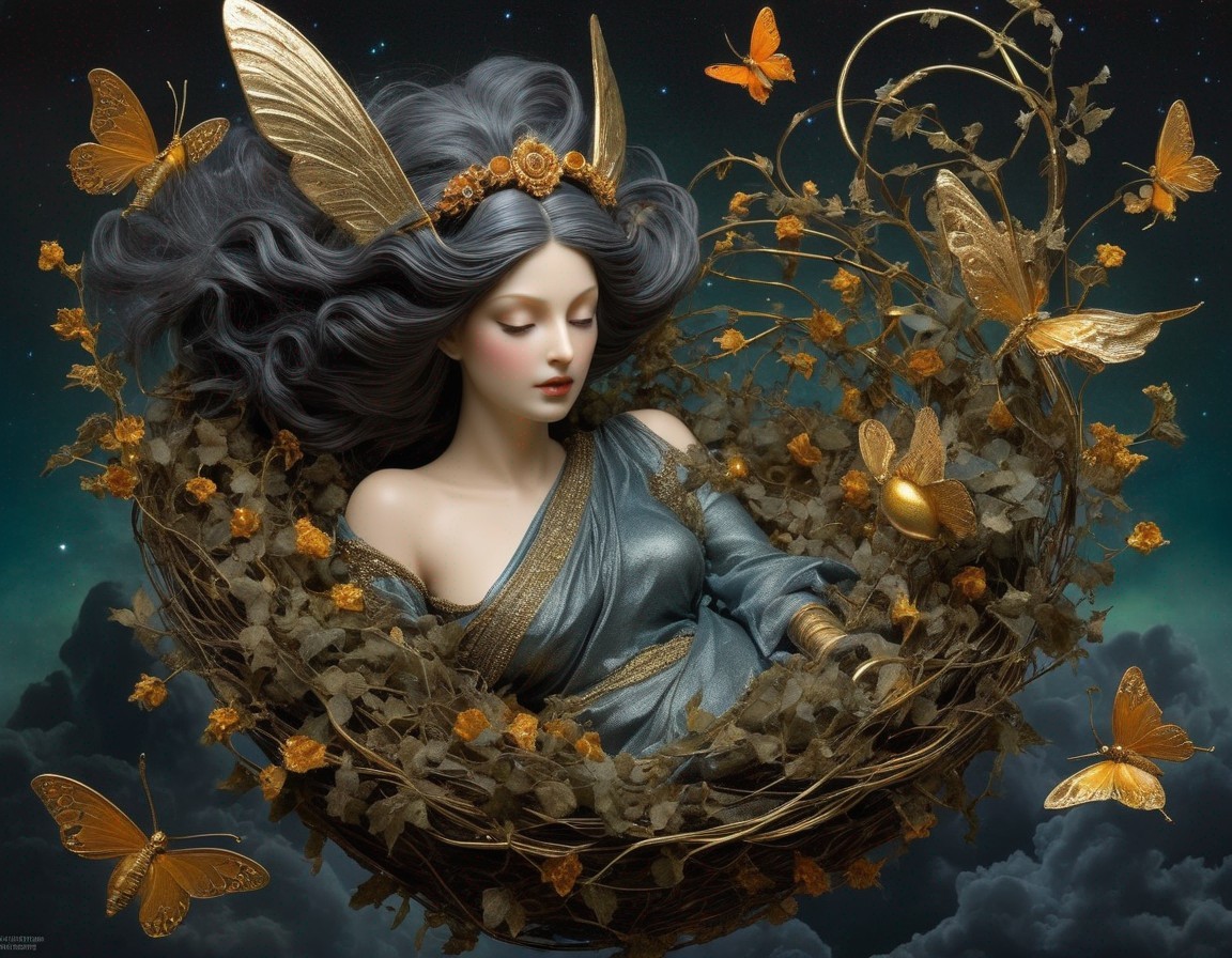 Serene figure in a nest of twigs and golden foliage