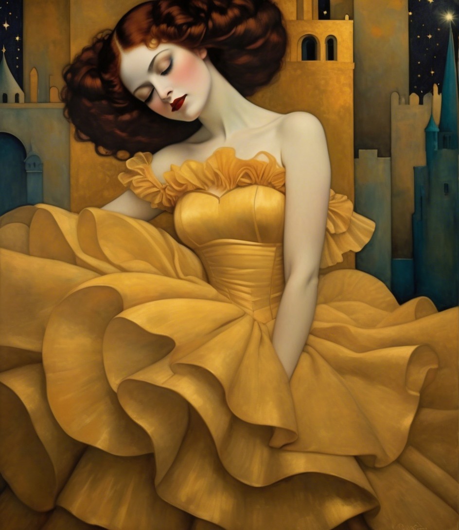 Woman in yellow gown with starry night background
