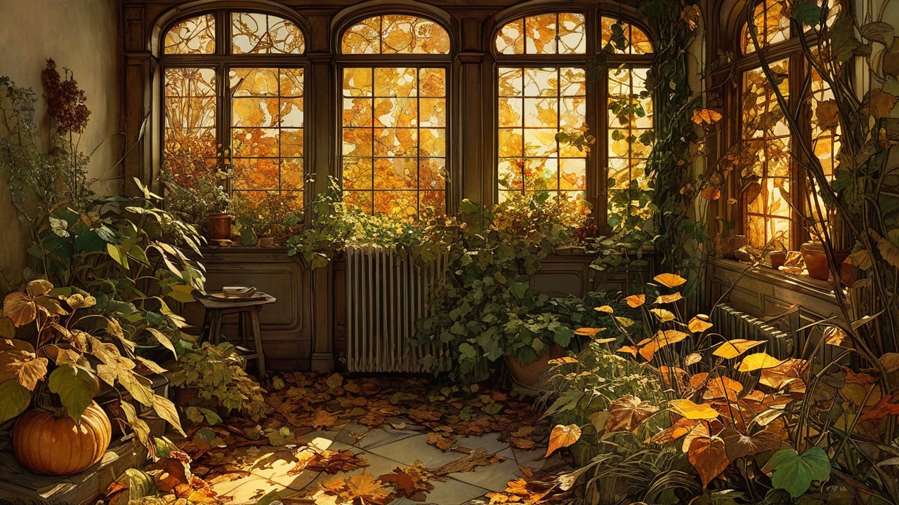 Cozy Room with Autumn Leaves and Warm Sunlight