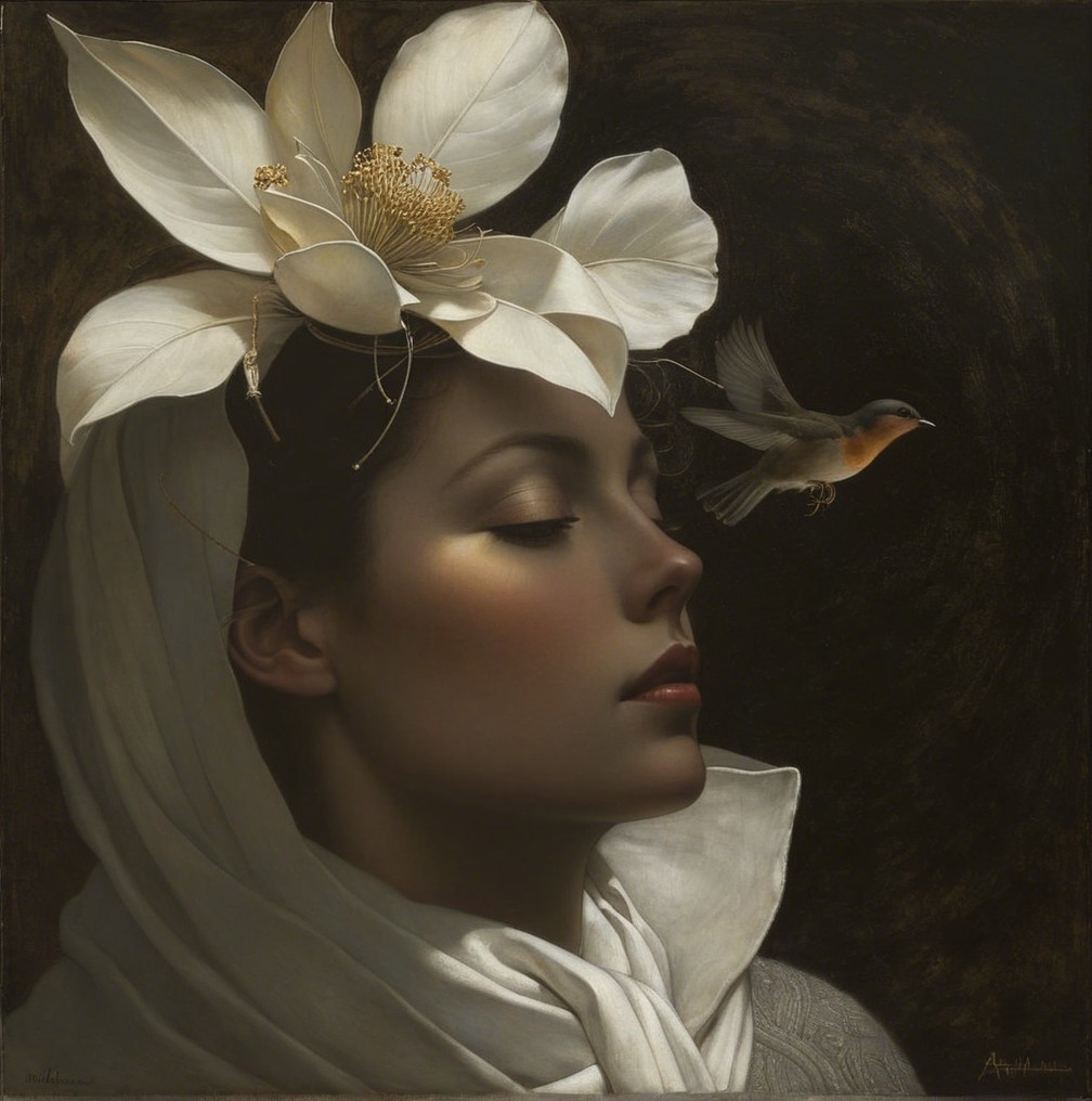 Serene Portrait of Woman with White Flower and Scarf