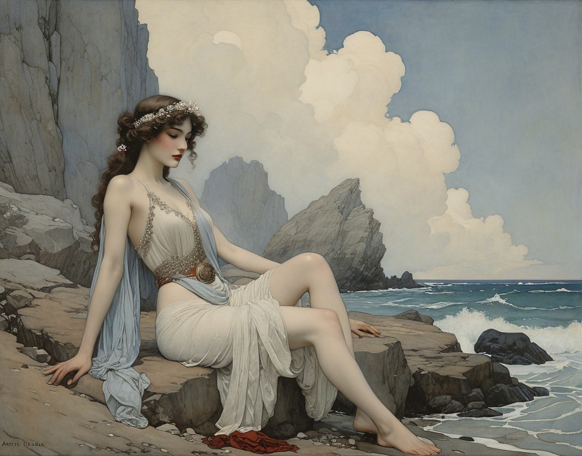 Serene Figure in Ethereal Gown on Rocky Shore