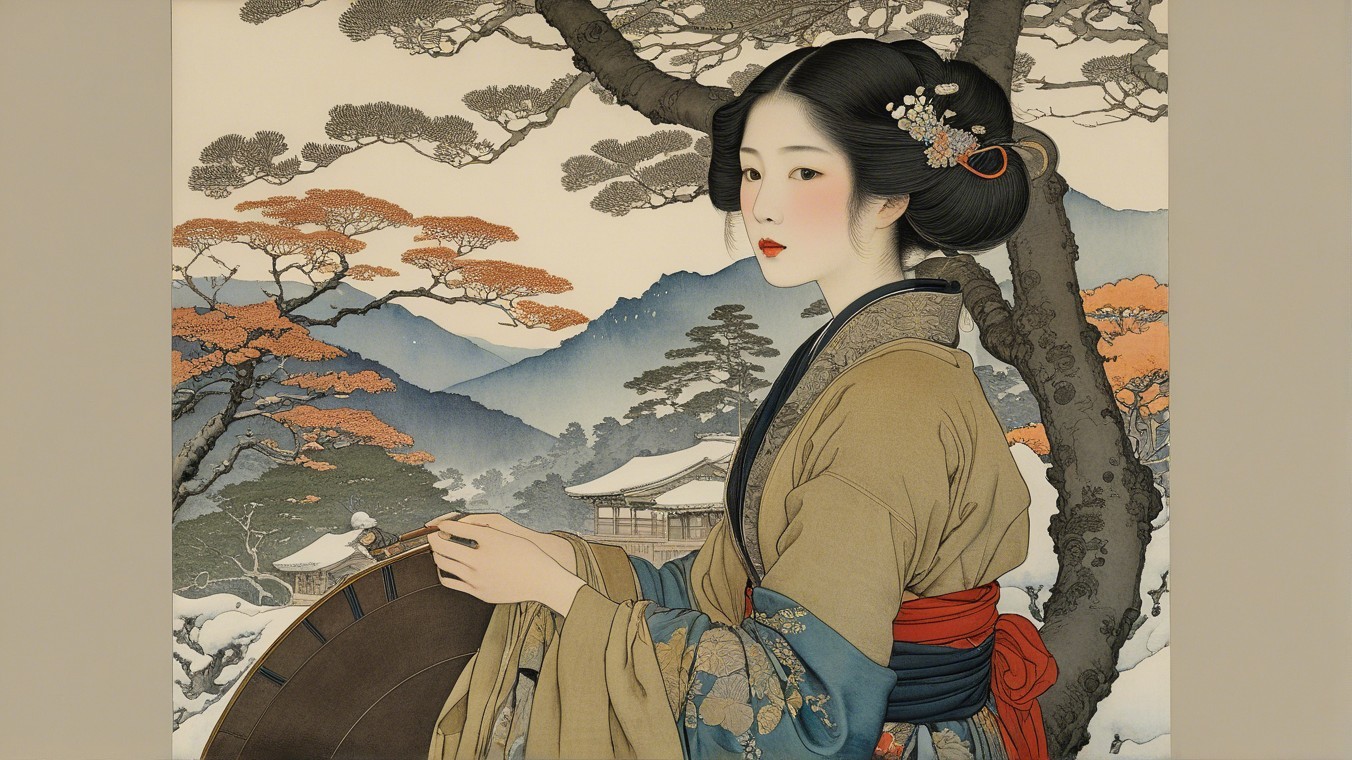 Japanese Woman in Traditional Attire Amid Nature