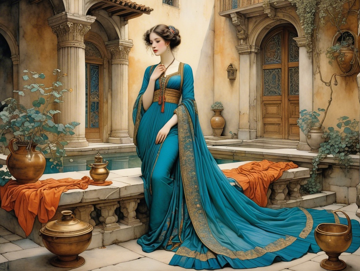 Elegant courtyard scene with woman in turquoise gown