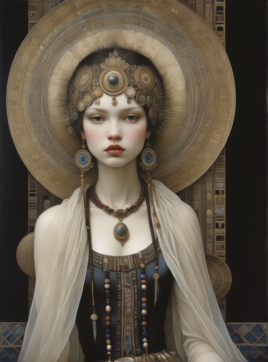 Ethereal woman portrait with ornate headpiece and jewelry on blue backdrop