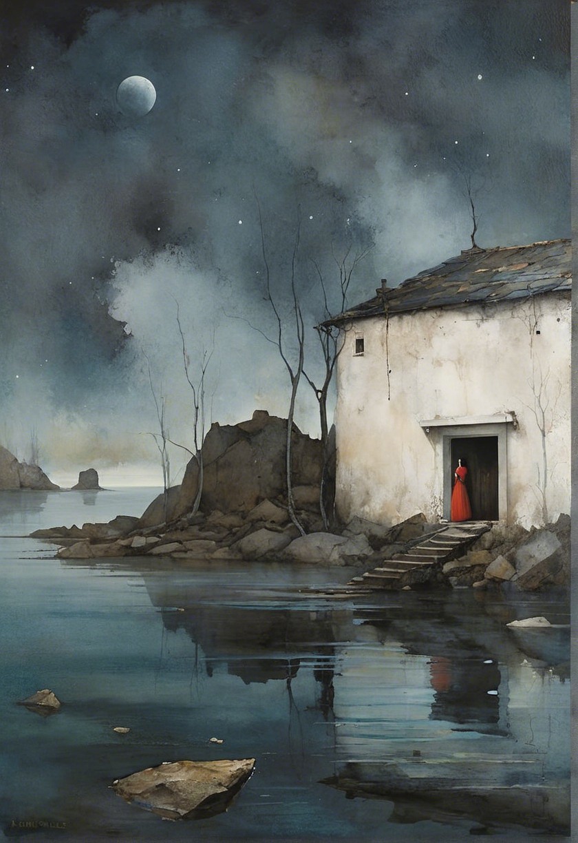 Nighttime Scene of Cottage by Calm Water and Stars