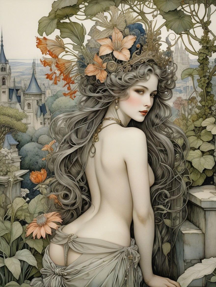 Graceful figure with gray hair in a floral setting