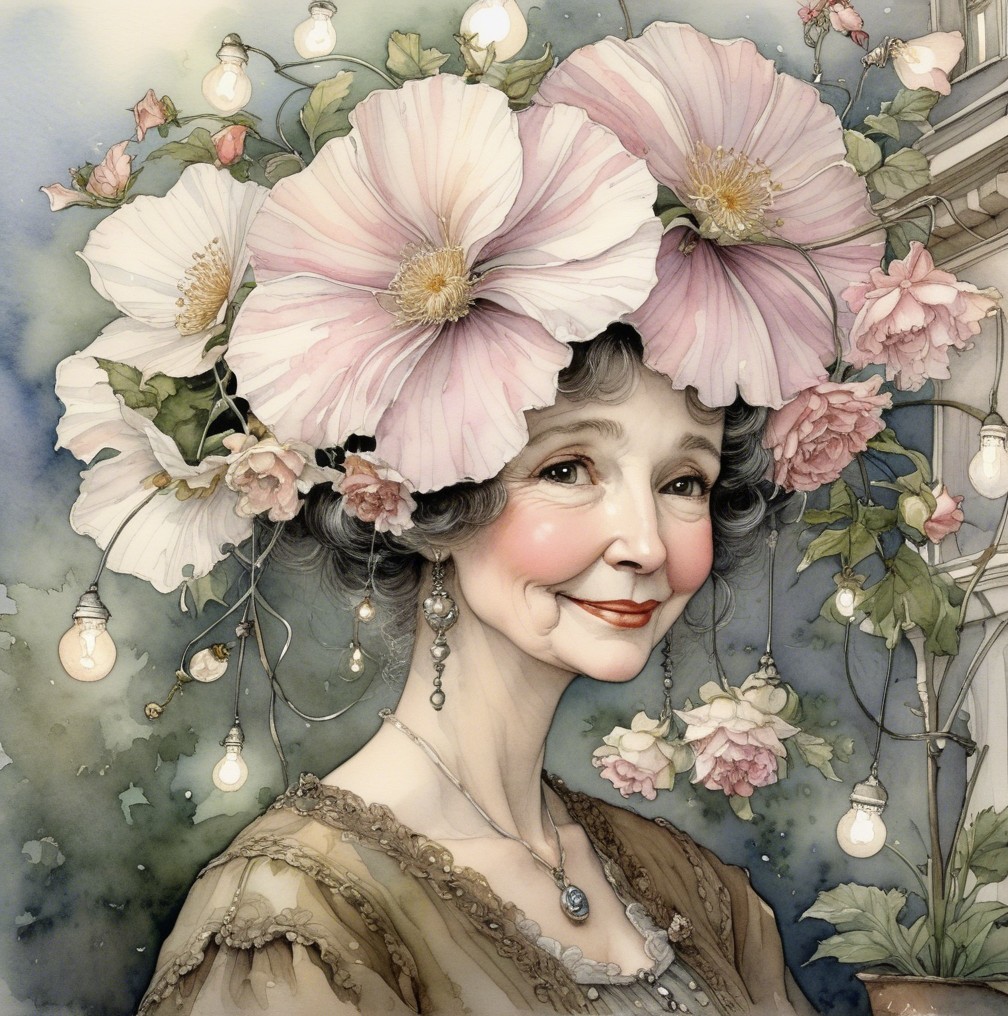 Elderly Woman with Floral Hair in Whimsical Setting