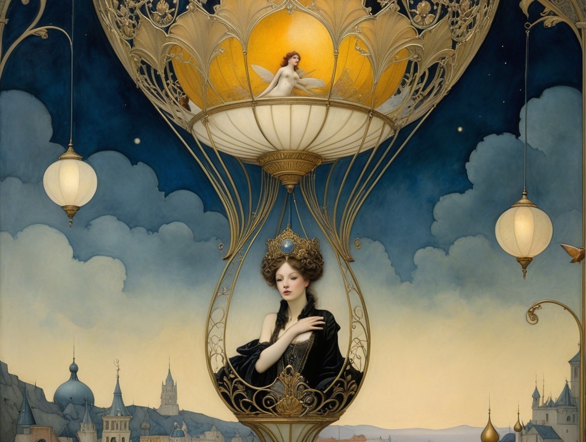 Surreal Scene with Woman in Ornate Hourglass Structure
