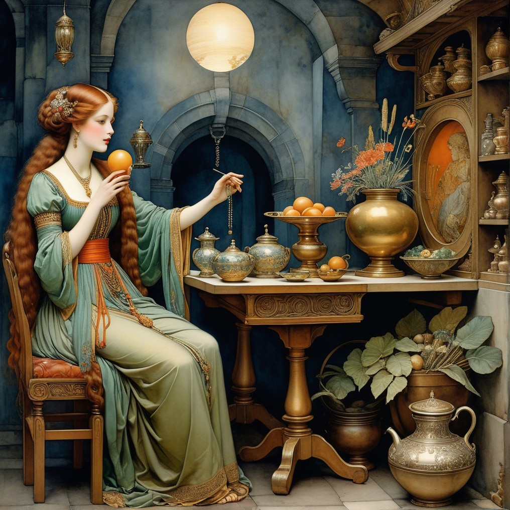Serene Woman in Elegant Green Gown in Luxurious Setting